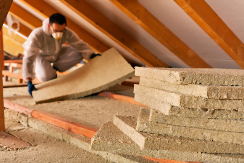 Man working on attic insulation